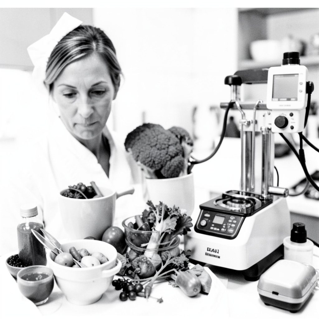 Healthy food and medical equipment arranged on a clean surface in warm duotone