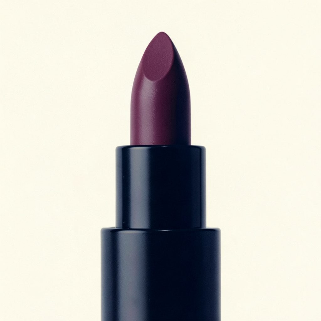 A duotone close-up of a bold lipstick bullet in deep berry against a soft cream backdrop, elegant and minimal.
