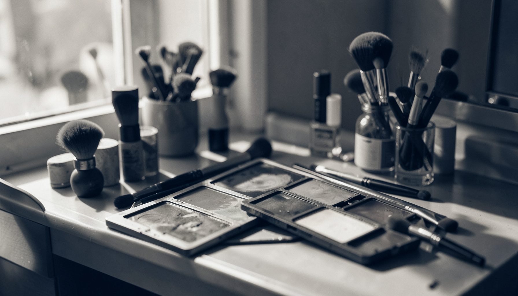 A warm duotone photograph of makeup brushes, a palette of earthy tones, and soft natural light falling across a vanity table.