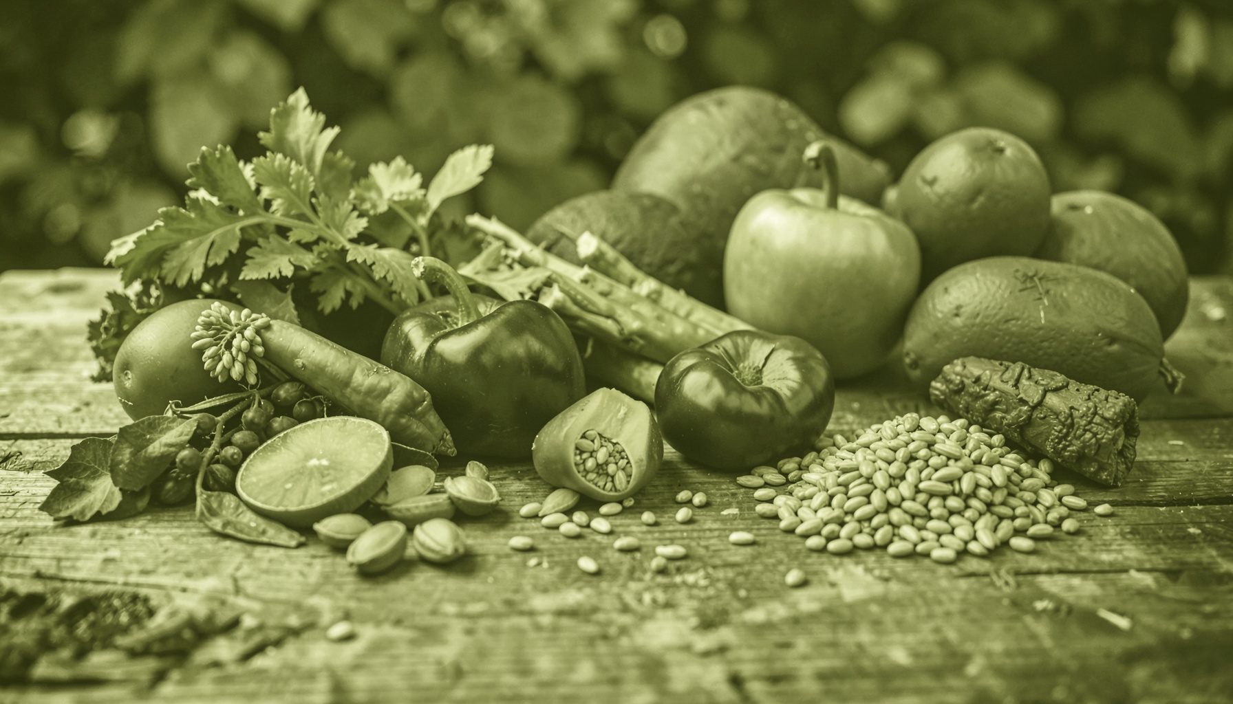 A warm duotone photograph of fresh vegetables, fruits, and whole grains arranged across a rustic wooden table