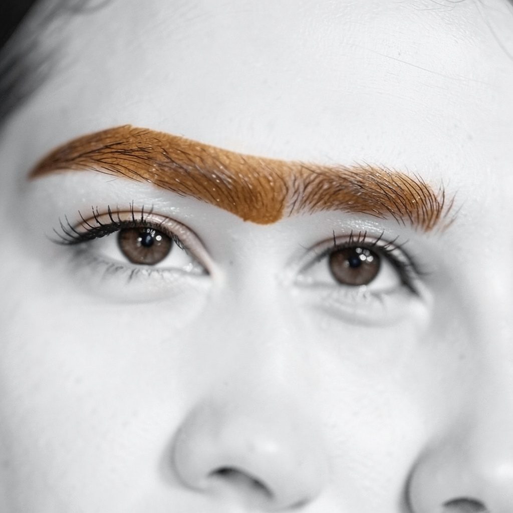 A close view of well-groomed eyebrows with a natural henna tint, warm brown hue, soft focus on the brow area